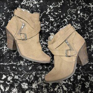 tan suede ankle boots with buckle detail
